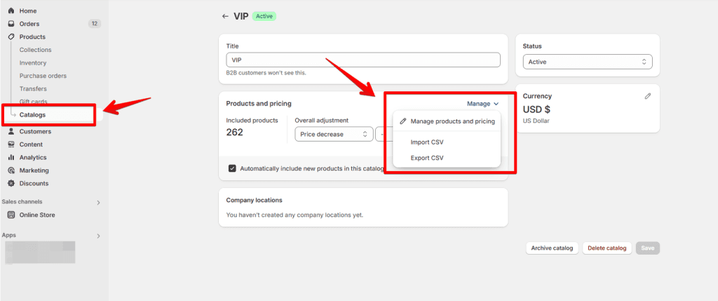 B2B-Katalog im Shopify-Admin mit markierten Optionen Catalogs und Manage products and pricing