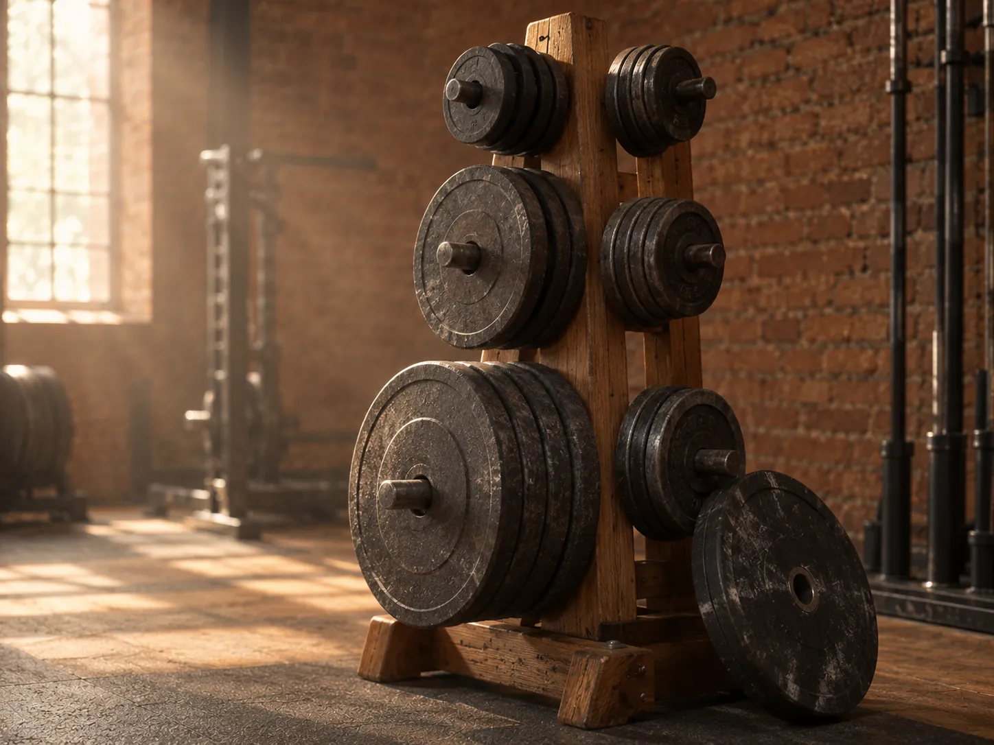 Iron weight plates stacked on a wooden stand