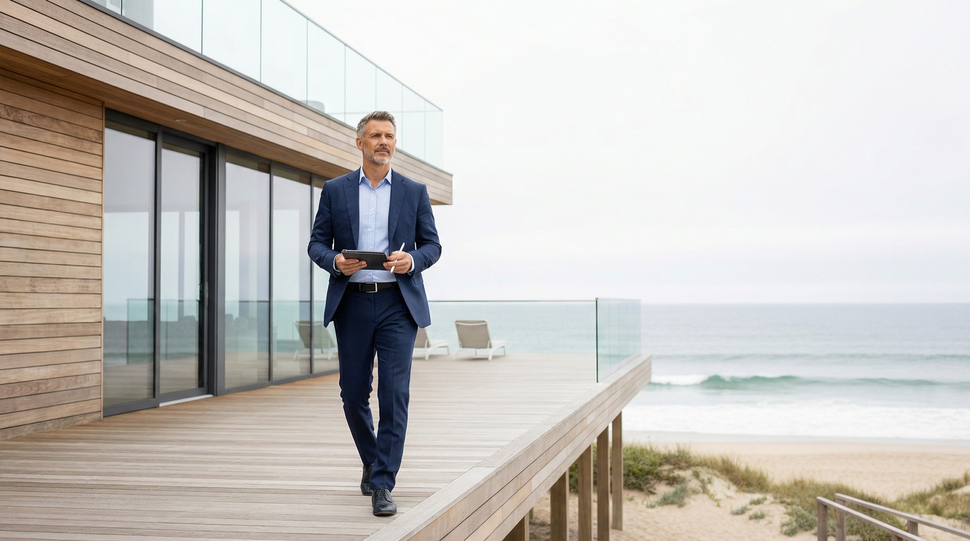 Appraiser evaluating beachfront residential property