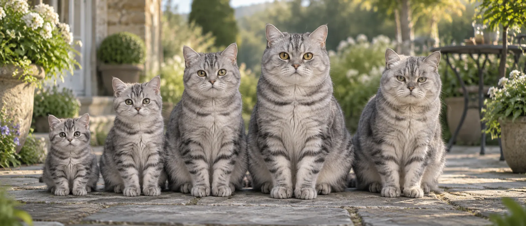 Five grey tabby cats of increasing size sitting together outdoors.