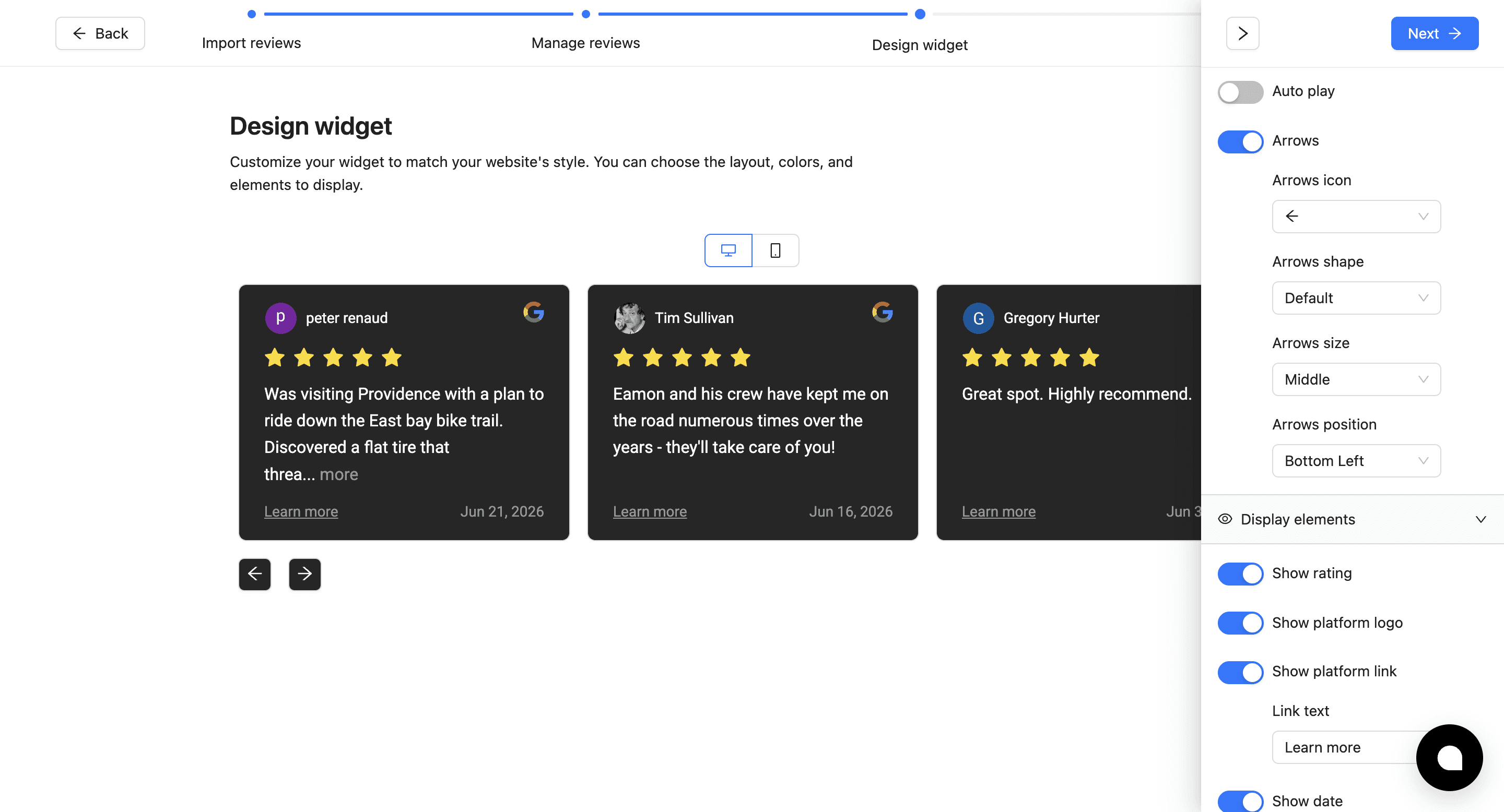 Testimonials widget design