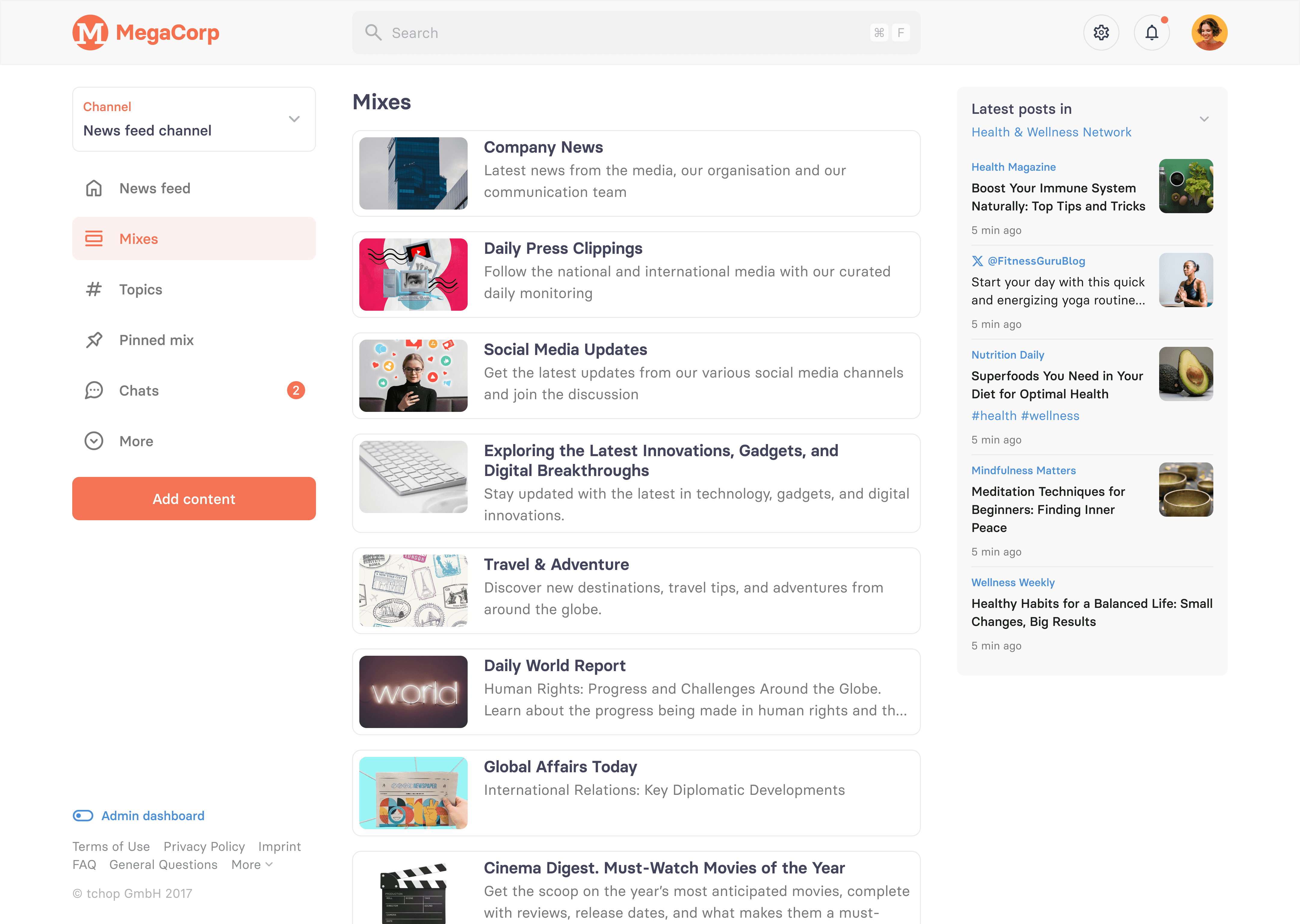 tchop™ Web-App-Bereich 'Mixes', der kuratierte Inhaltskanäle präsentiert, einschließlich Unternehmensnachrichten, Social-Media-Updates, Presseartikel und verschiedene Themen.