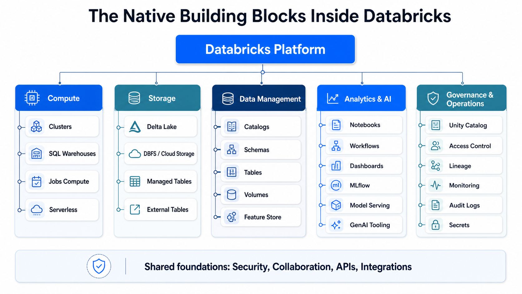A diagram illustrating the native building blocks of the Databricks platform, including compute, storage, data management, and analytics.