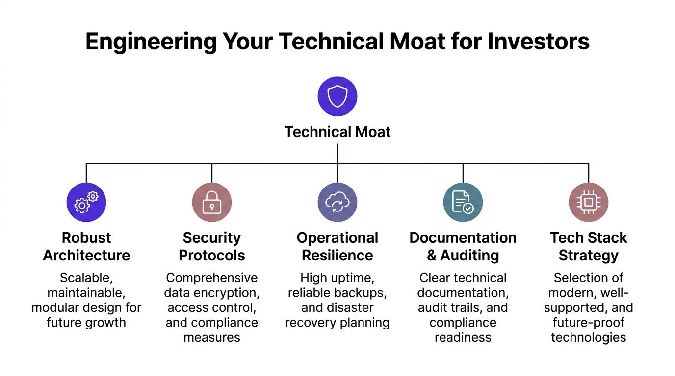 A diagram illustrating five key components for building a technical moat to impress potential technology investors.