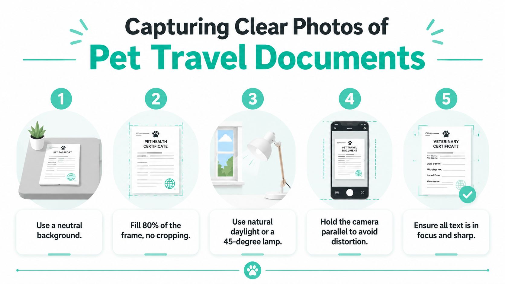 A five-step instructional graphic demonstrating how to take clear photos of various pet travel documents.