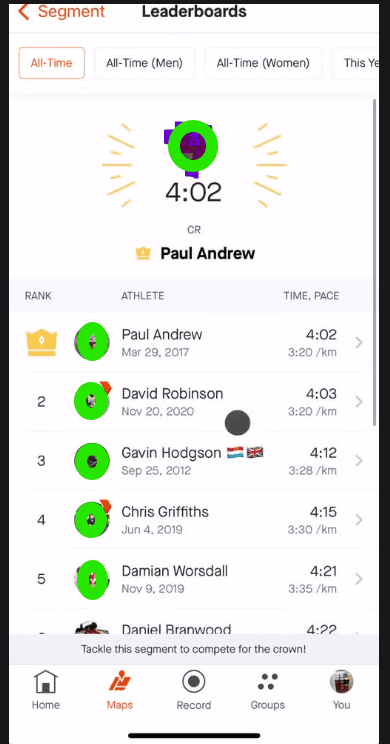 Strava segment leaderboard showing athlete rankings by time and pace