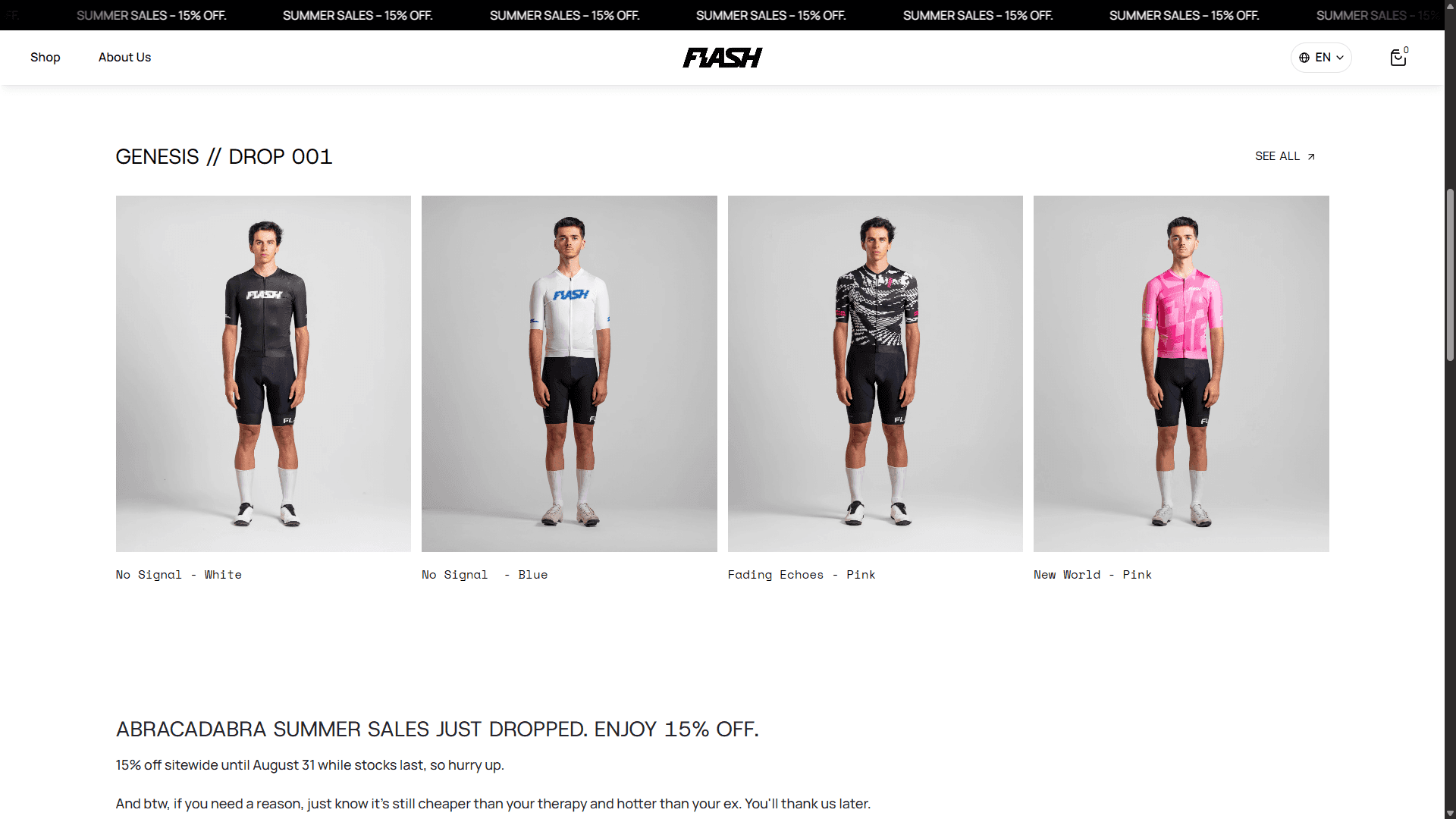 Row of four cycling jerseys modeled against a light studio backdrop, each in different colors and designs from the Genesis Drop 001 collection.