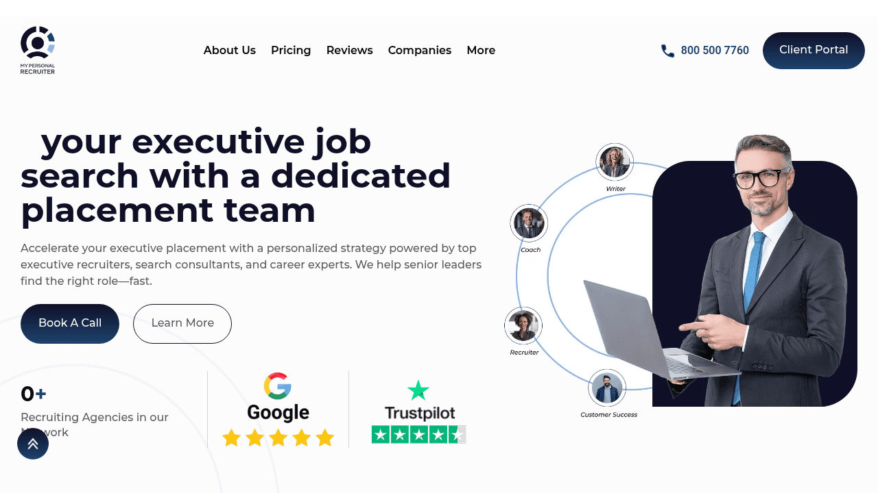 My Personal Recruiter executive-focused reverse recruiting service homepage showing C-suite and senior leadership placement options