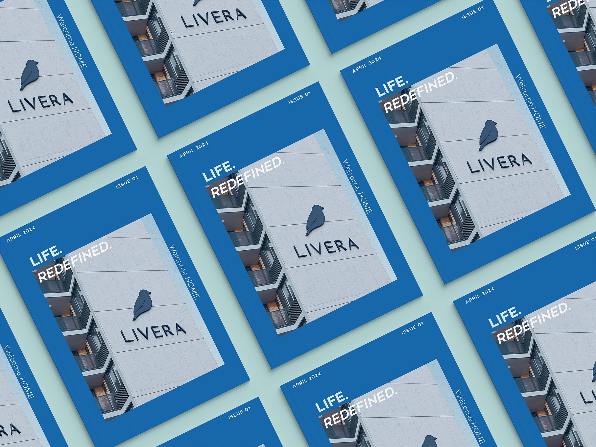 Graphic design mockup of a flyer for Livera — modern, clean brandmark style logo of a bluebird with an sleek sans serif typography, designed by Will Lefkovich.