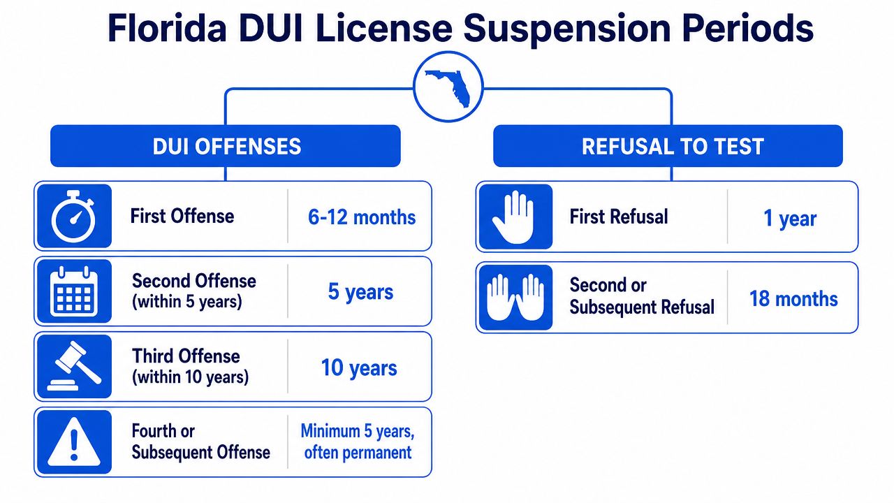 A chart detailing Florida DUI license suspension periods for multiple offenses and refusals to take tests.