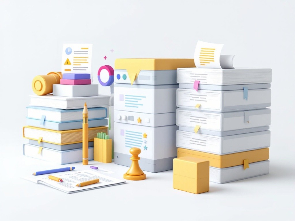 3D rendering of a stack of books and office supplies
