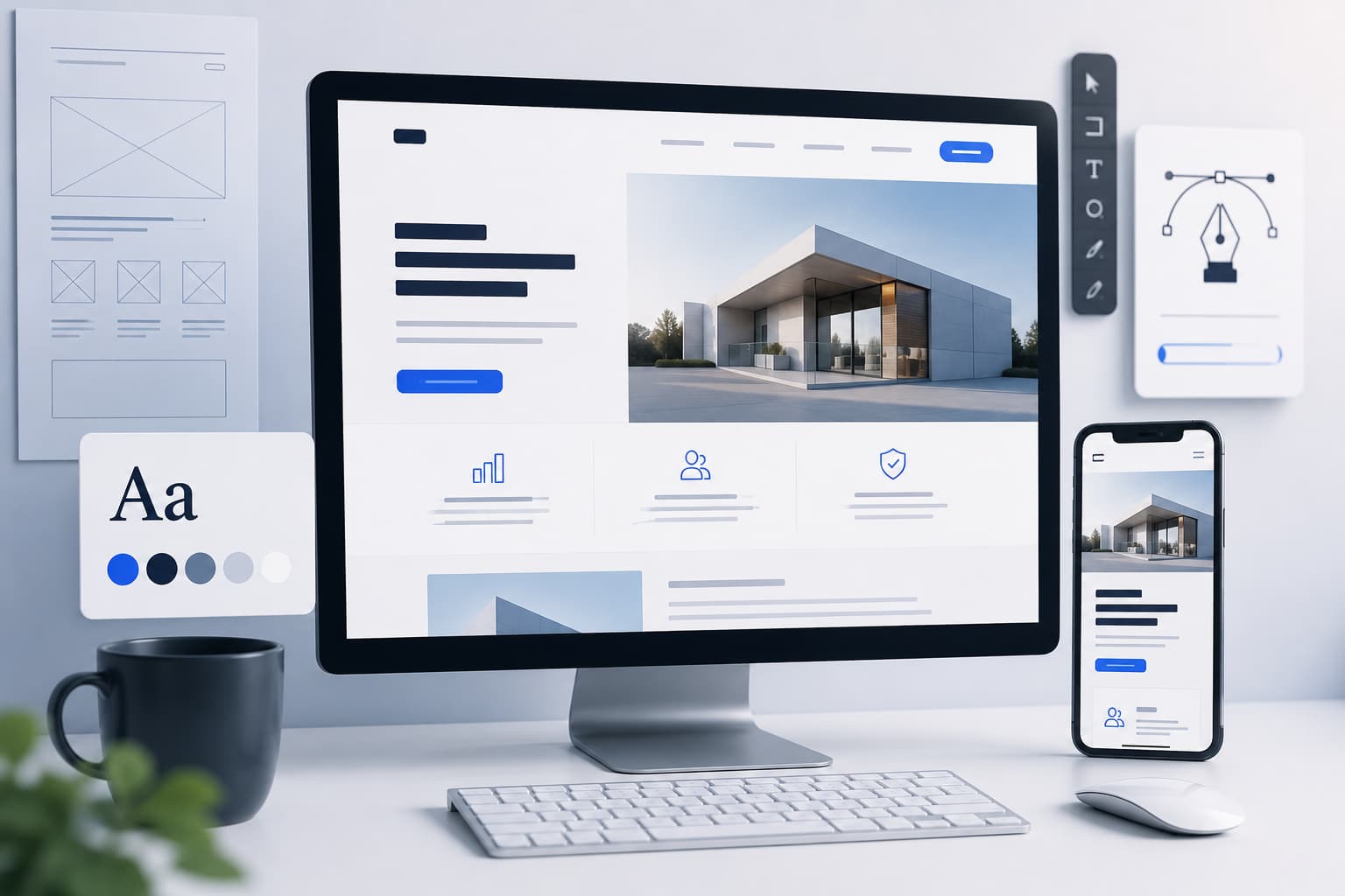 Grafische Darstellung eines modernen Webdesigns auf Desktop und mobilen Geräten. Das Bild steht für Responsive Design, Markenauftritt, UI Design, UX Design und mobile Website Optimierung.
