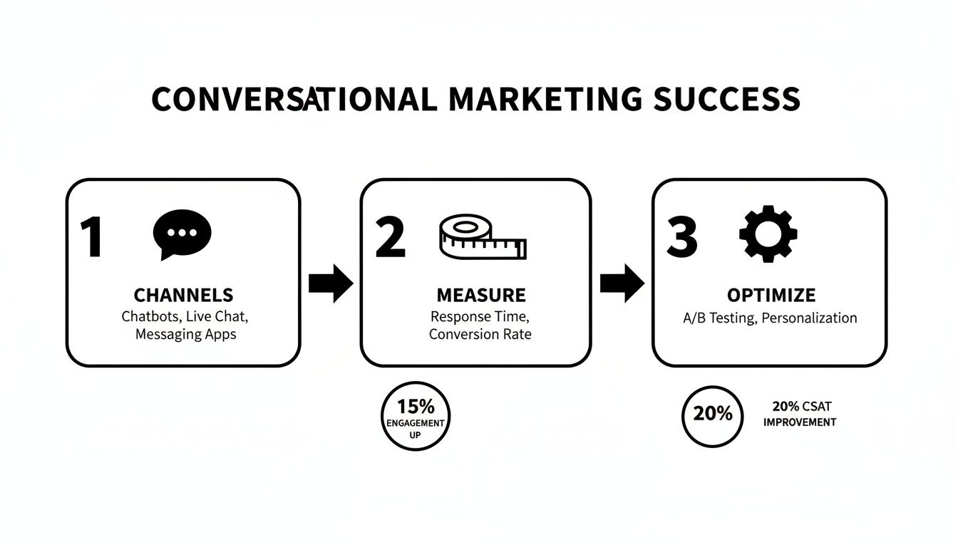Visual diagram outlining the three steps to conversational marketing success: Channels, Measure, Optimize.