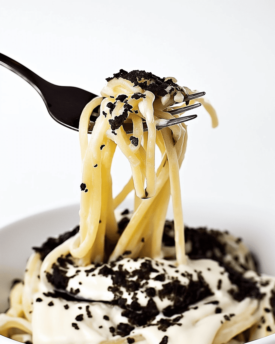 A close-up shot of a fork twirling strands of creamy white pasta, possibly carbonara or cacio e pepe, heavily garnished with dark black pepper or truffle shavings, against a stark white background.