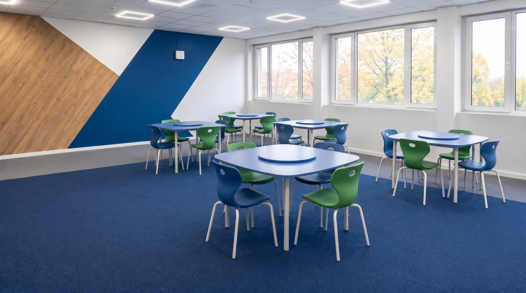 Colorful school chairs in a modern classroom for education projects
