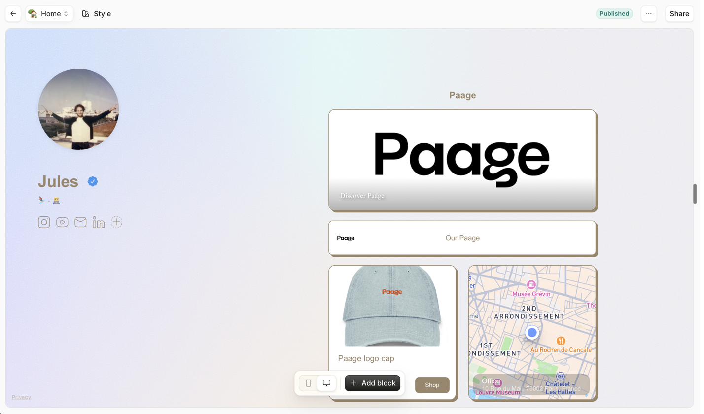 Paage page editor showing a customizable block-based layout with image, product, and link blocks