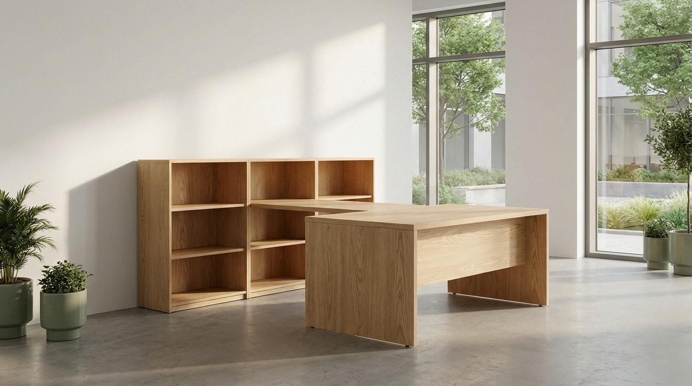 Man assembling wooden furniture at home, focused on attaching a cabinet top. Toolbox and parts nearby.