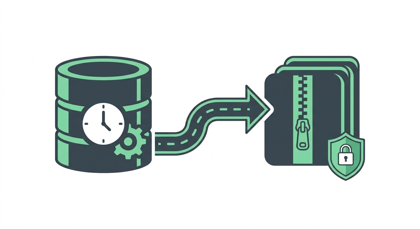 Illustration of an automated Supabase database backup routine writing compressed, encrypted archives on a nightly schedule
