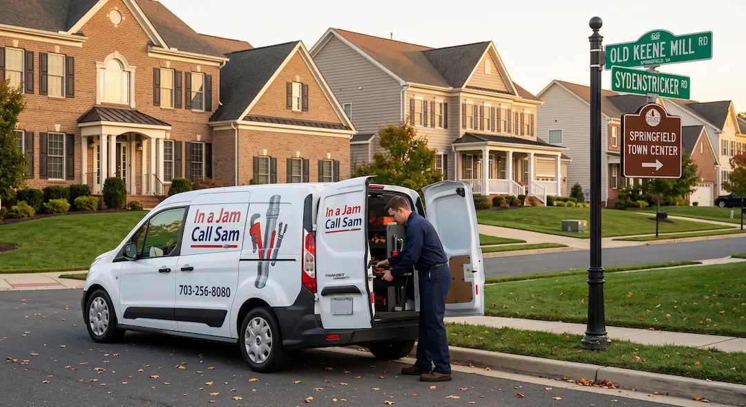 An In A Jam Call Sam plumbing service van parked in a suburban Springfield, VA neighborhood, ready to dispatch a licensed plumber.