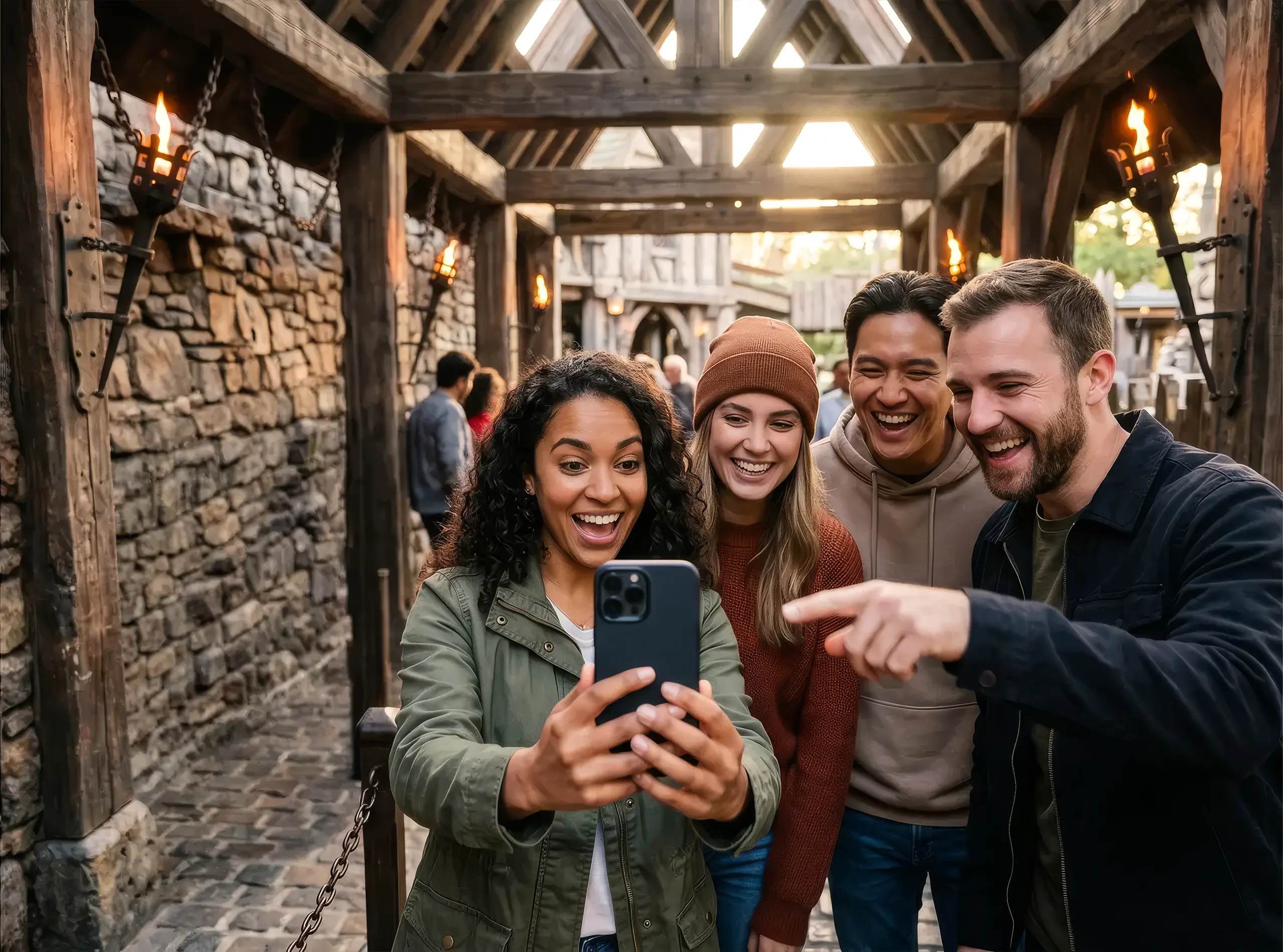 Freunde um ein Smartphone versammelt, lächelnd