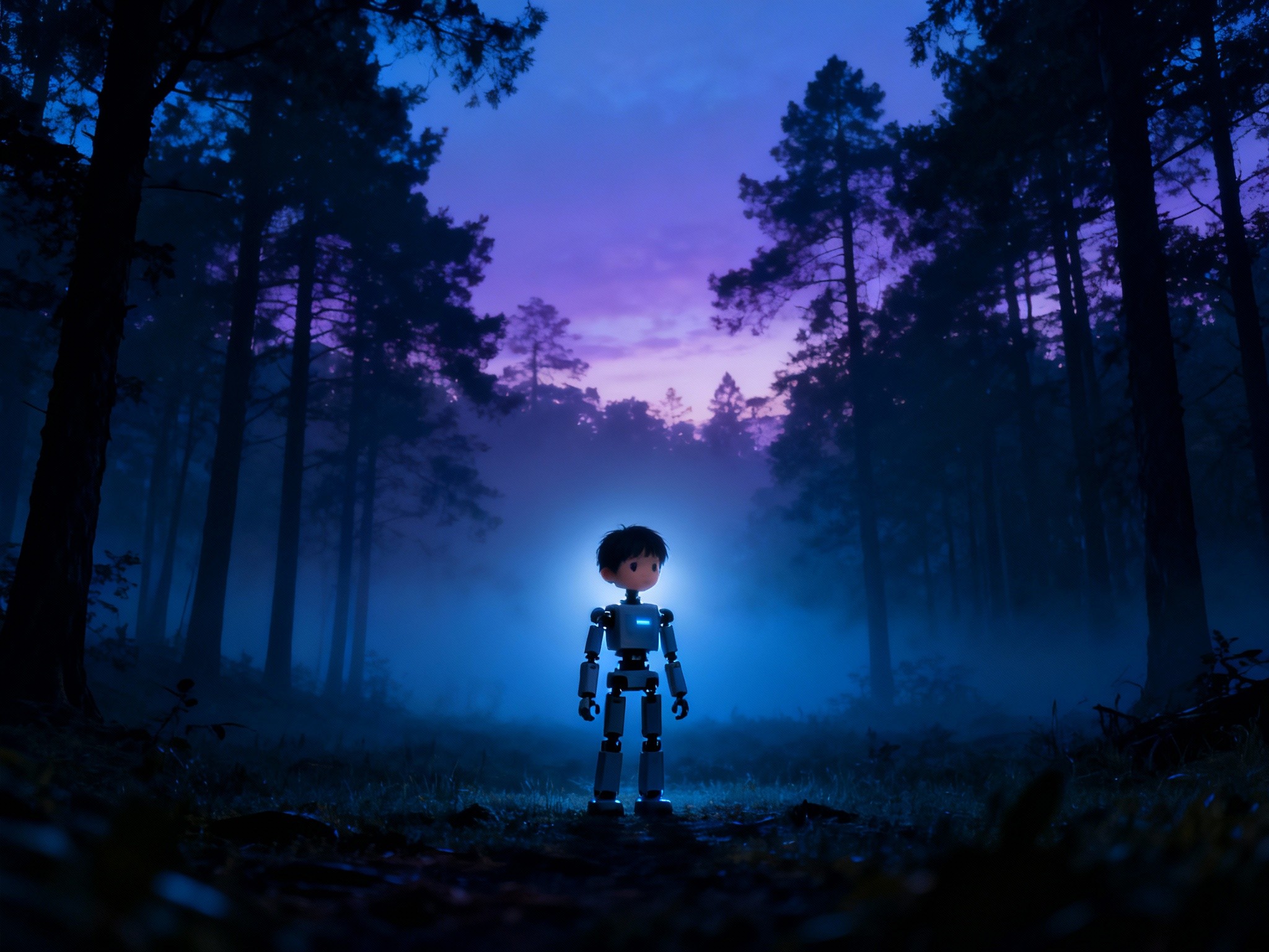 A cinematic landscape capturing a moody twilight scene of a defiant child-like robot standing in a