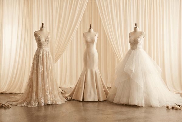 Three wedding dress silhouettes compared on mannequins in a bridal atelier