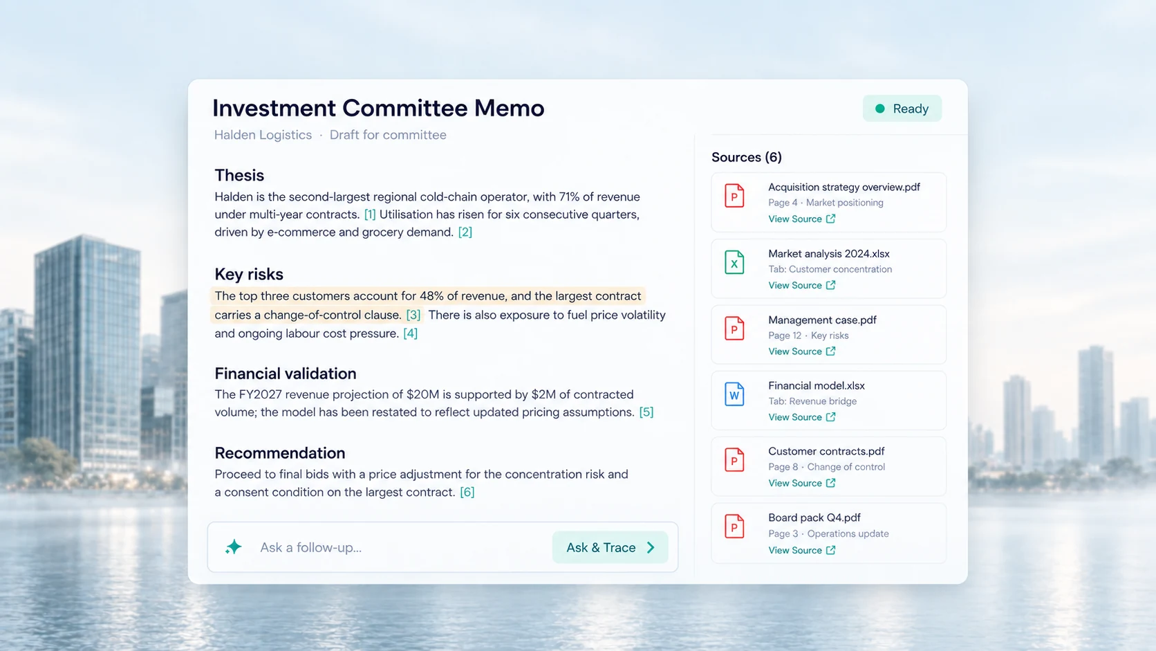The investment committee memo in AI Due Diligence: thesis, key risks, financial validation and recommendation with numbered citations and a sources rail