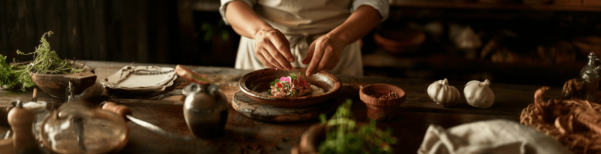 Chef Iliana Stone plating a refined Mexican-inspired dish with fresh herbs and edible flowers in a rustic kitchen setting, representing her Cordon Bleu–trained artistry and passion for authentic flavors.