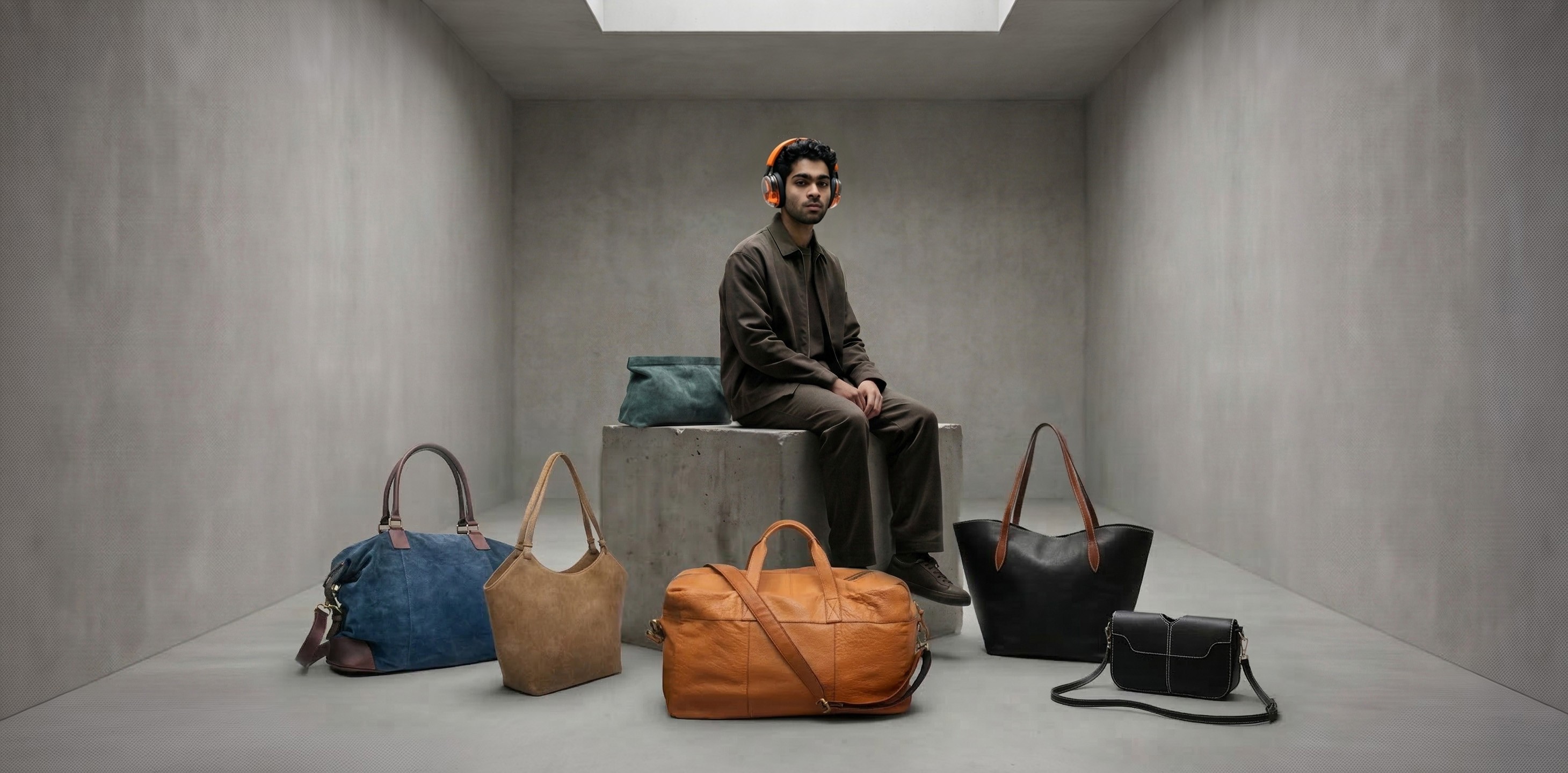 a man wearing headphone sitting on a cube chair