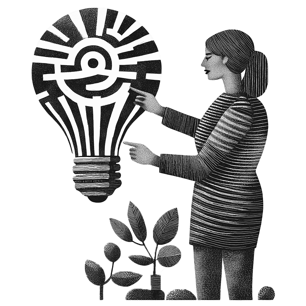Une femme touchant une ampoule avec un labyrinthe pour représenter l'idée créative et le succès.