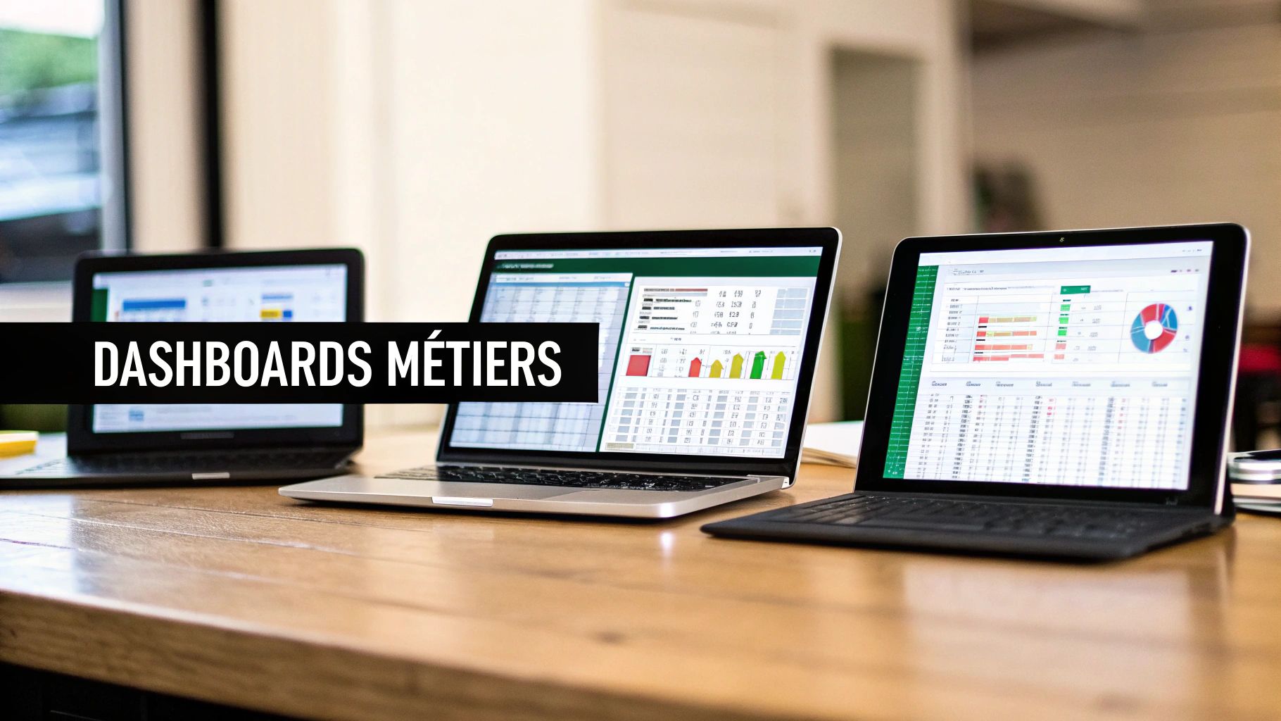 Plusieurs ordinateurs portables affichant des tableaux de bord de données et des graphiques sur un bureau en bois.