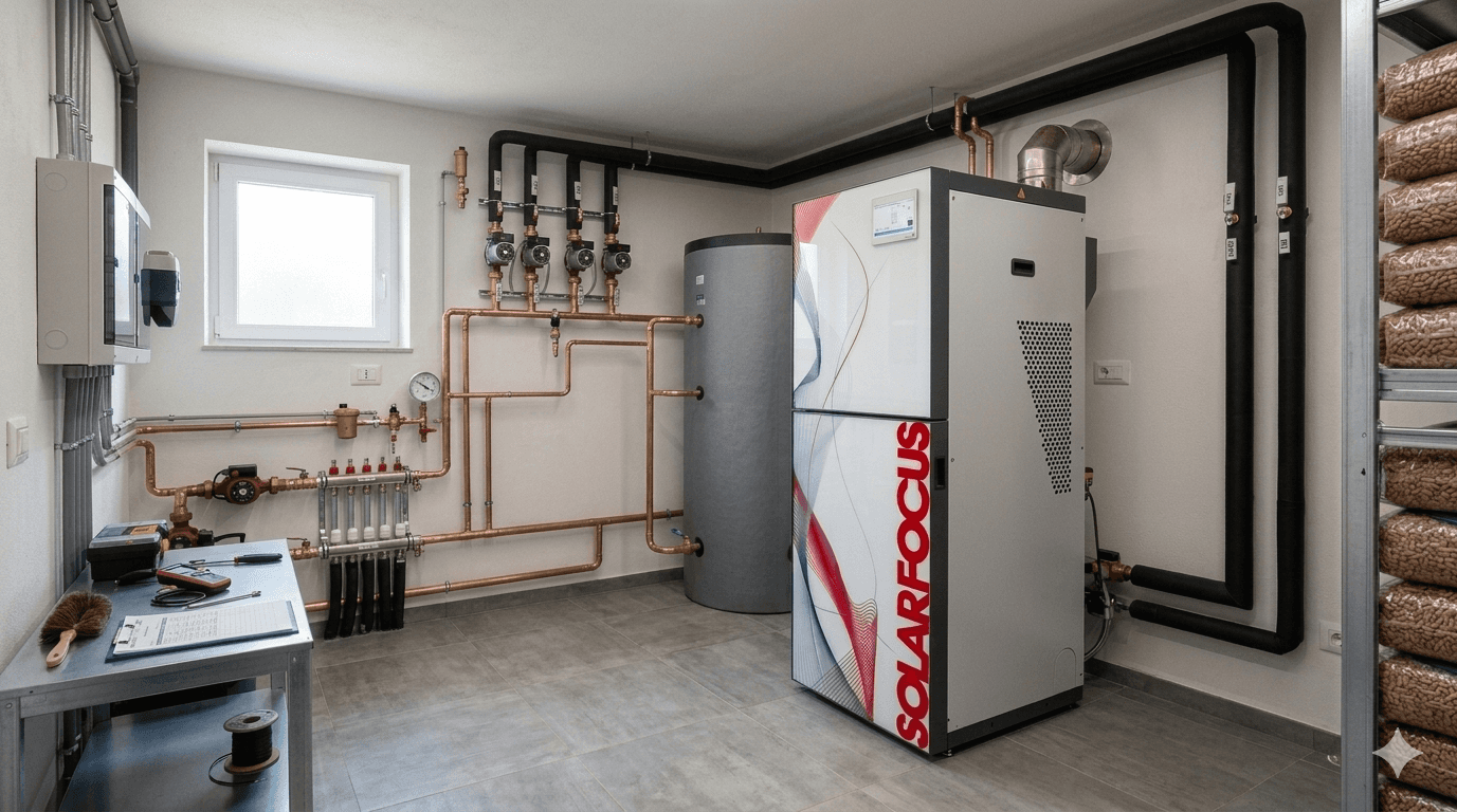 Installazione caldaia a pellet Solarfocus con accumulo per produzione di acqua calda sanitaria e riscaldamento