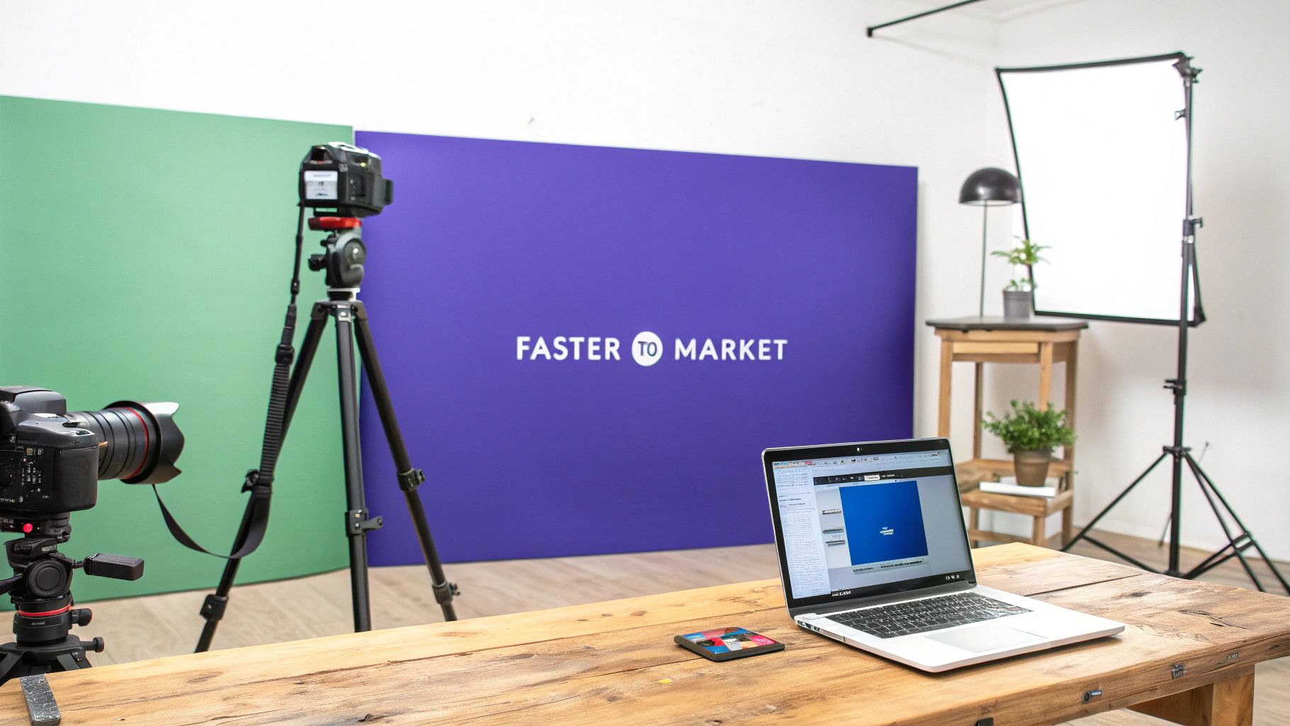 Interior view of a photography and video studio featuring cameras, lighting, and branded backdrops.