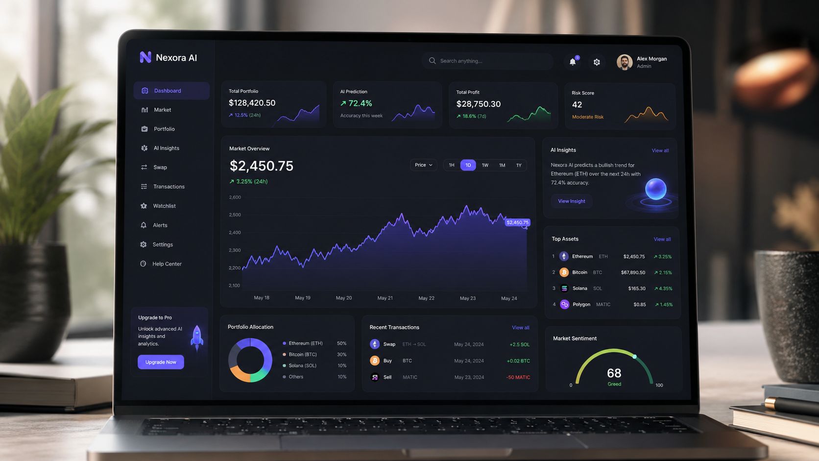 A modern laptop displaying a sleek dark-themed Nexora AI financial dashboard interface with charts and analytics.