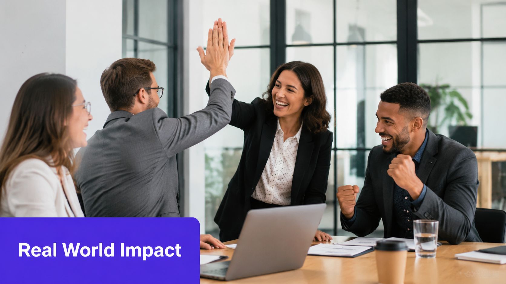 A professional team of diverse colleagues celebrating a successful business achievement with a high-five in an office.