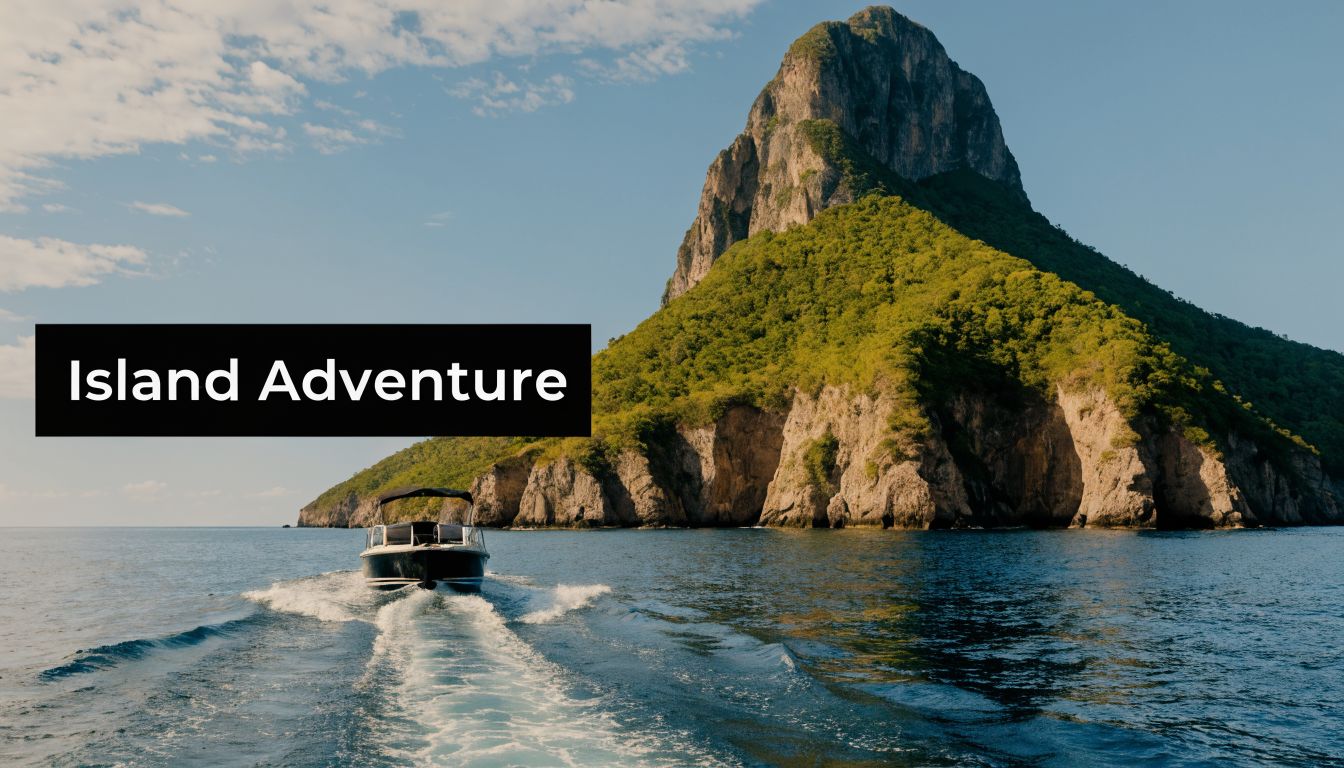 A small boat speeds across deep blue waters towards a dramatic green mountain island.