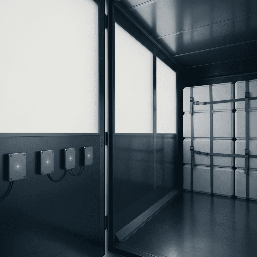 Editorial photograph of the clean, sterile interior of a refrigerated pharmaceutical transport vehicle. The view is from the back, looking forward, with stainless steel walls and floors. Neatly stacked, unmarked white crates are secured on one side. On the wall, several small, minimalist IoT sensors are visible, with subtle status lights. The lighting is cool, natural, and indirect, coming from an unseen source at the front. The upper-left third of the frame is clear wall space, perfect for text overlay. Aspect ratio 16:9. Photorealistic, minimal, and architectural. Brand colors #1F3B5B (shadows) and #F5F2EC (highlights) are present. No text, no logos.
