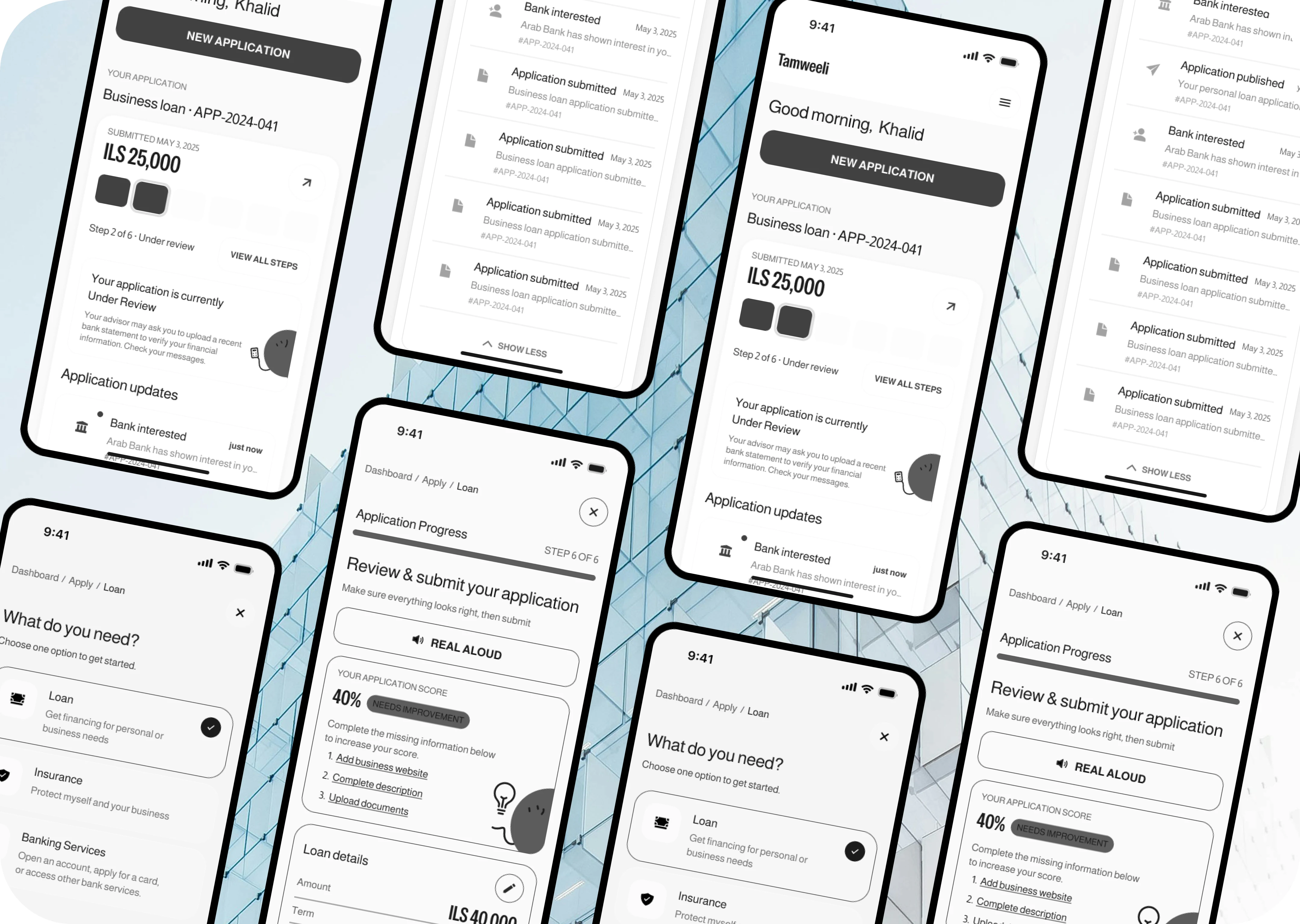 Grid of Tamweeli mobile screens: application flow, documents and application status