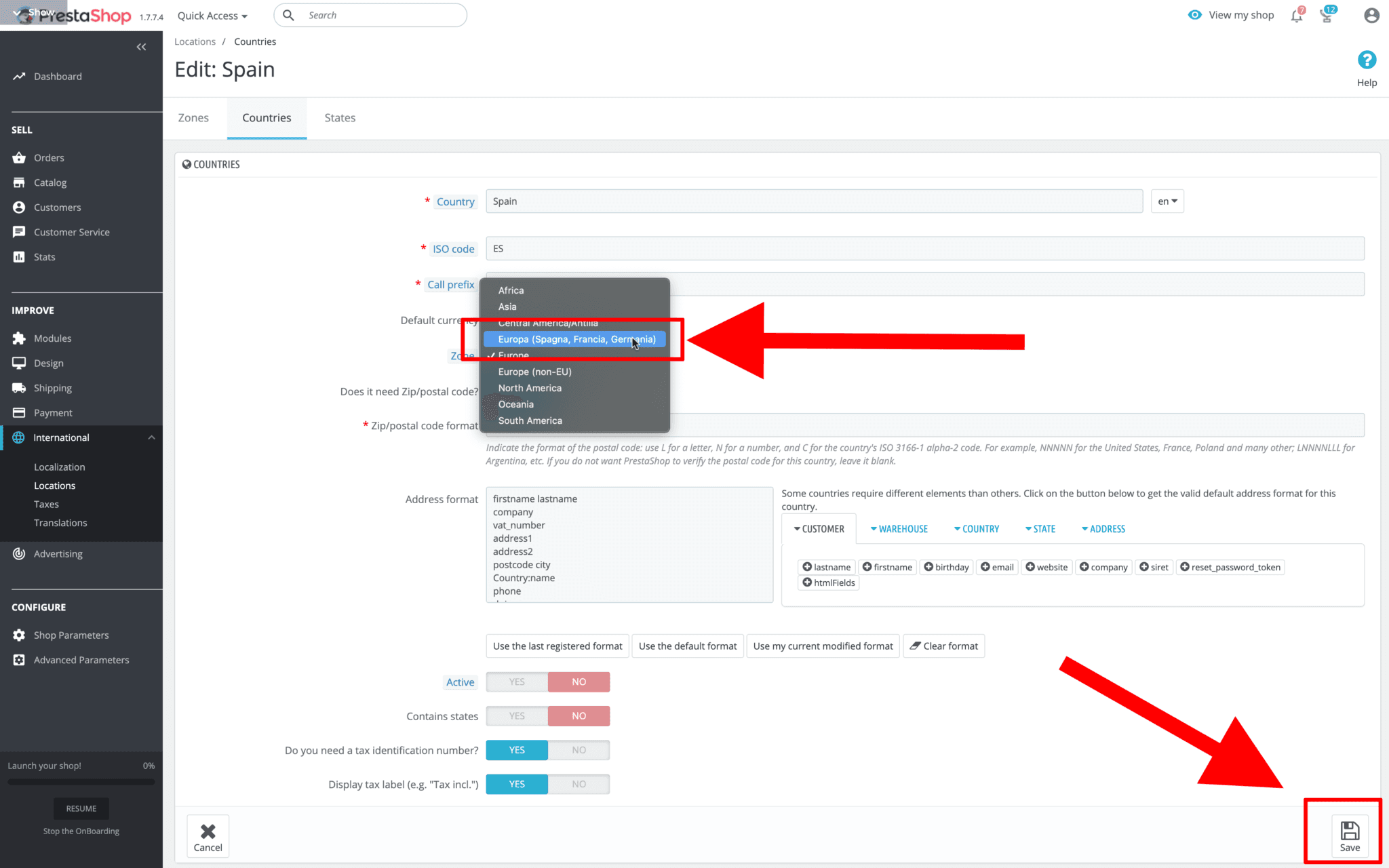 prestashop salva modifiche