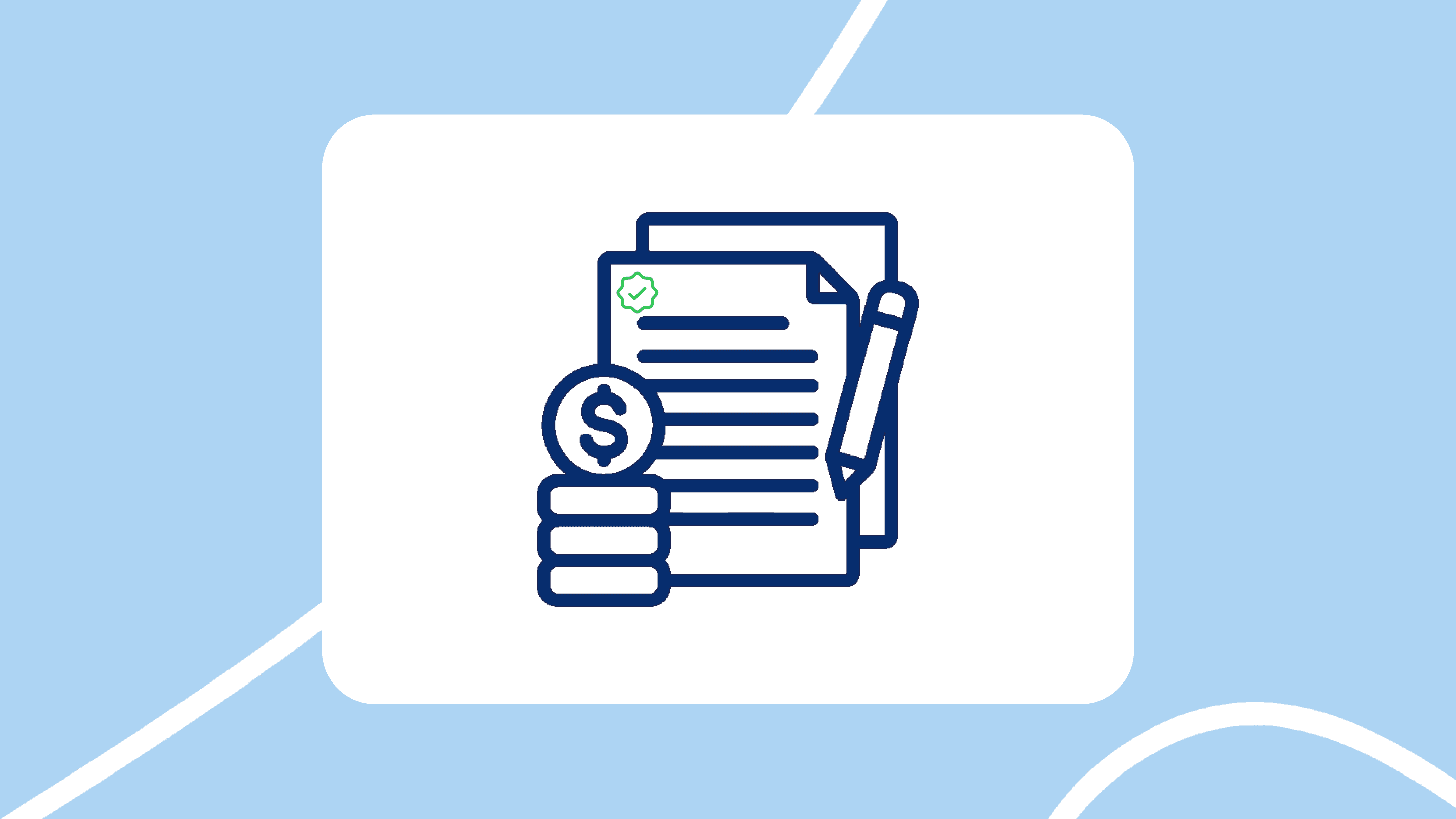 Ilustración en estilo minimalista: un documento con sello de verificación, un bolígrafo y unas monedas con símbolo de dólar, sobre un recuadro blanco y fondo azul claro.