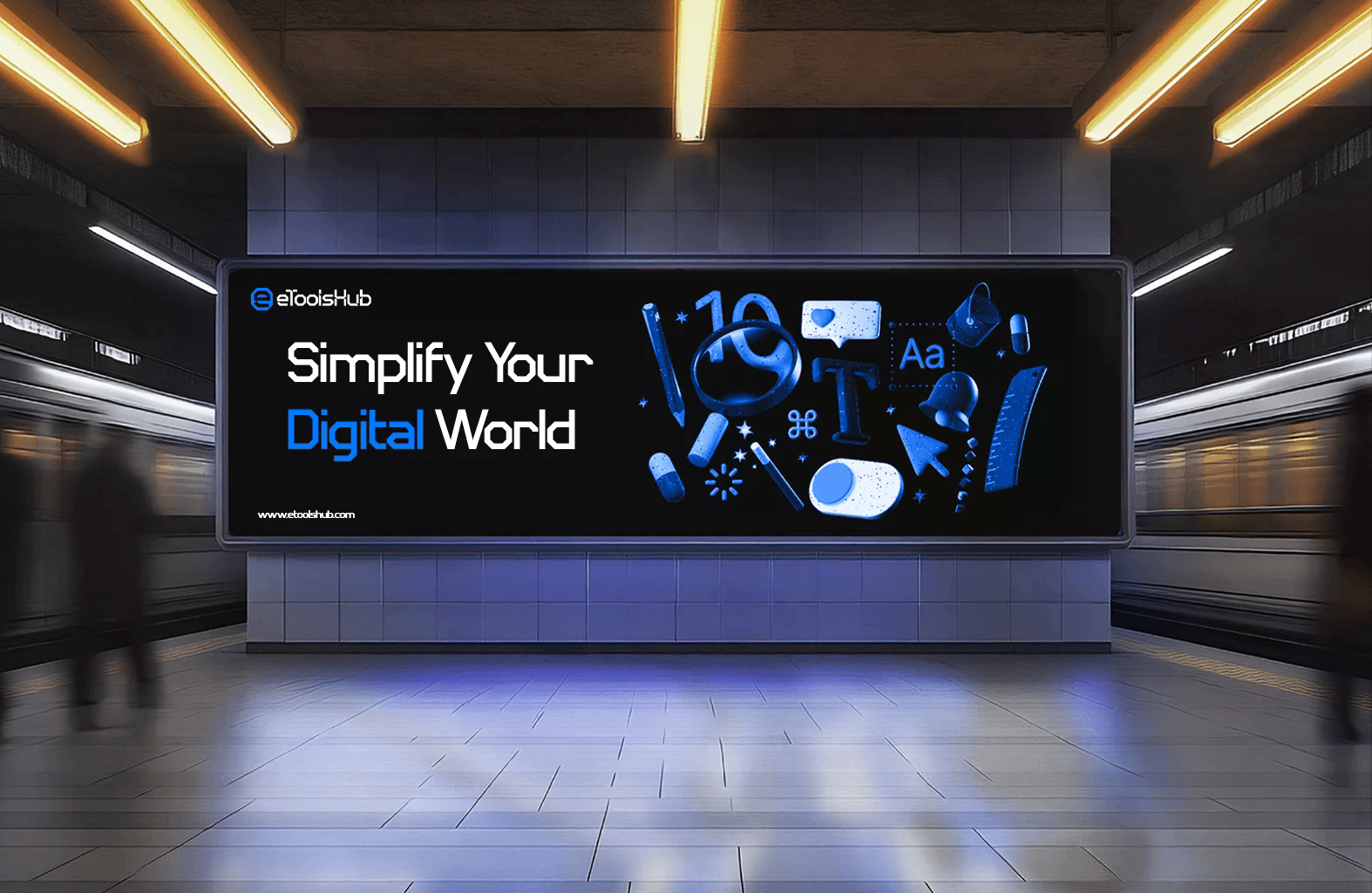 A vibrant screenshot of the eToolshub homepage, featuring a clean layout with a prominent tool directory, bold typography, and a user-friendly design in a blue and white color scheme.