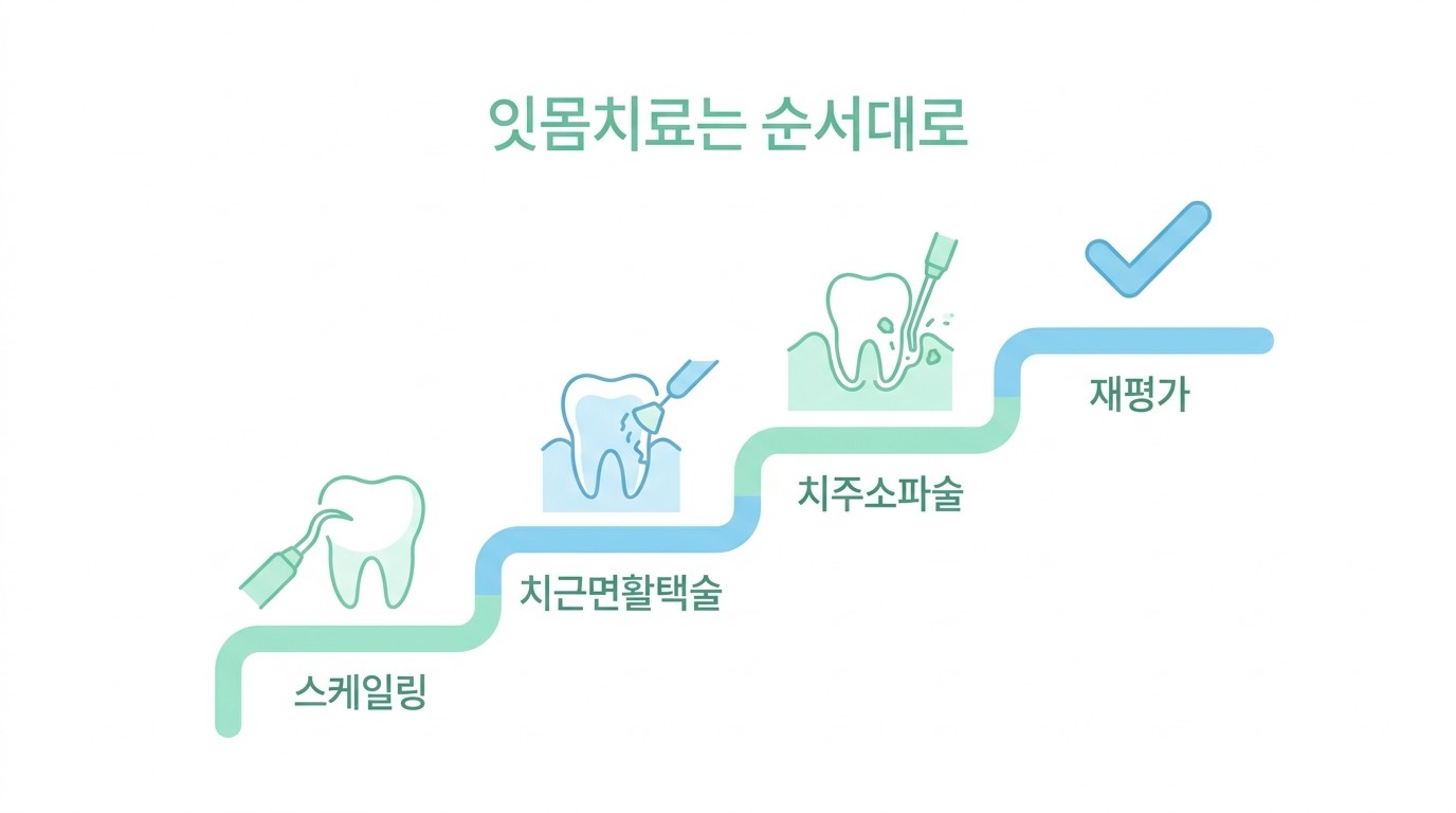 스케일링, 치근면활택술, 치주소파술, 재평가로 이어지는 잇몸치료 순서 일러스트