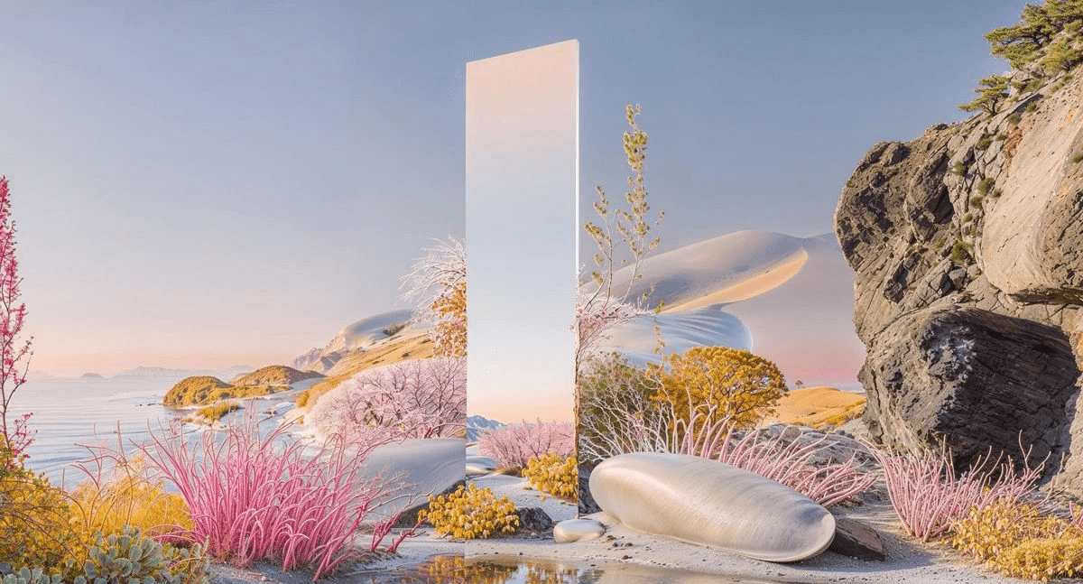 A serene landscape featuring colorful plants, rocks, and a tall reflective structure in a tranquil setting.