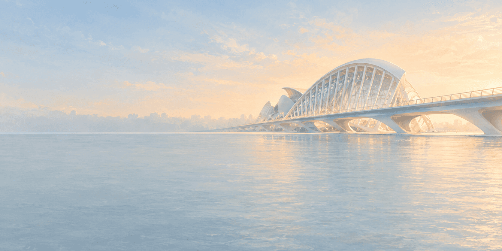 A long white footbridge across calm water leading to a curved white building