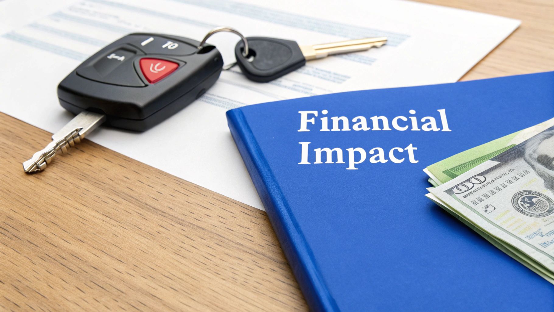Car keys, cash, and a blue book titled 'Financial Impact' on a wooden desk.