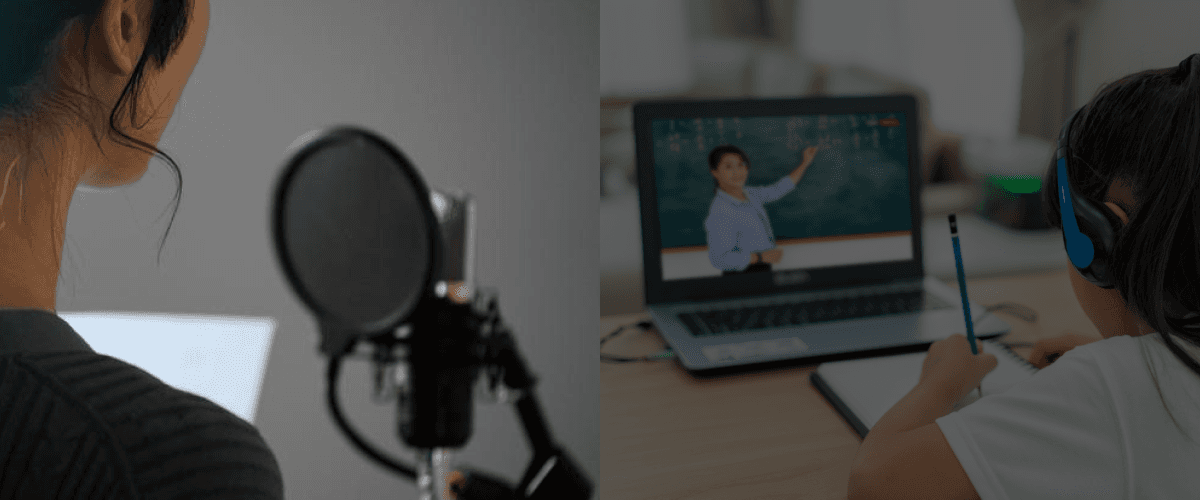A voiceover artist at a microphone and a student watching a teacher on a laptop, comparing voiceovers and on-camera presentations for educational videos.