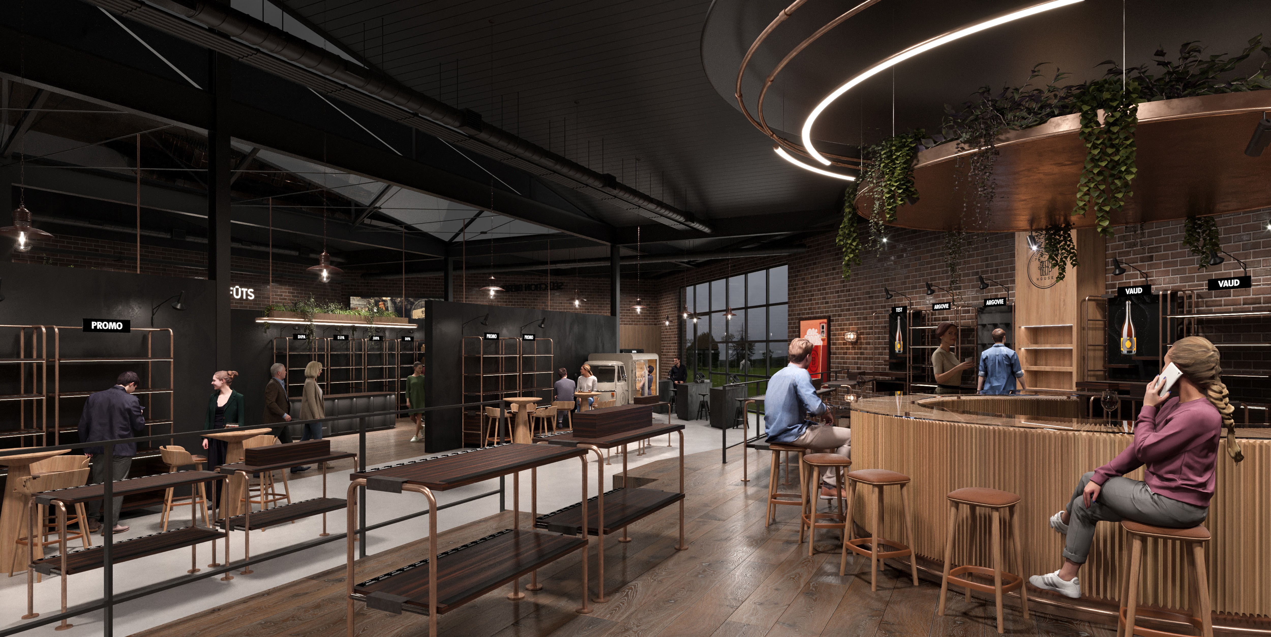 Bar wooden inspiration and brewery  for Beer store design retail and scenography concept and industrial area  in Switzerland