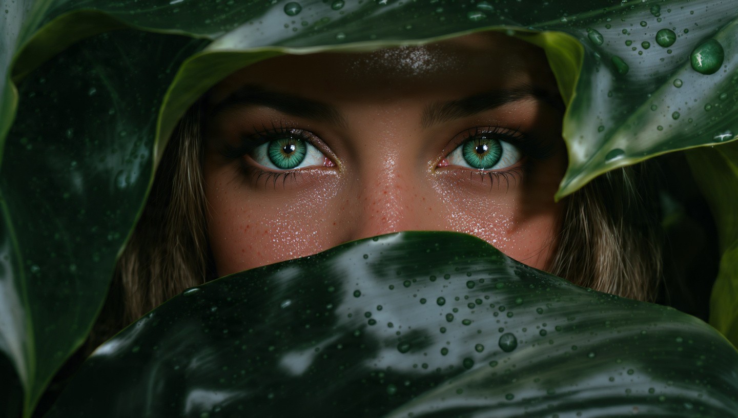 Macro-style shot of piercing sea-green eyes gazing through a curtain of rain-soaked monstera leaves, delicate water droplets sparkling across freckled skin and foliage in an ethereal forest mood.