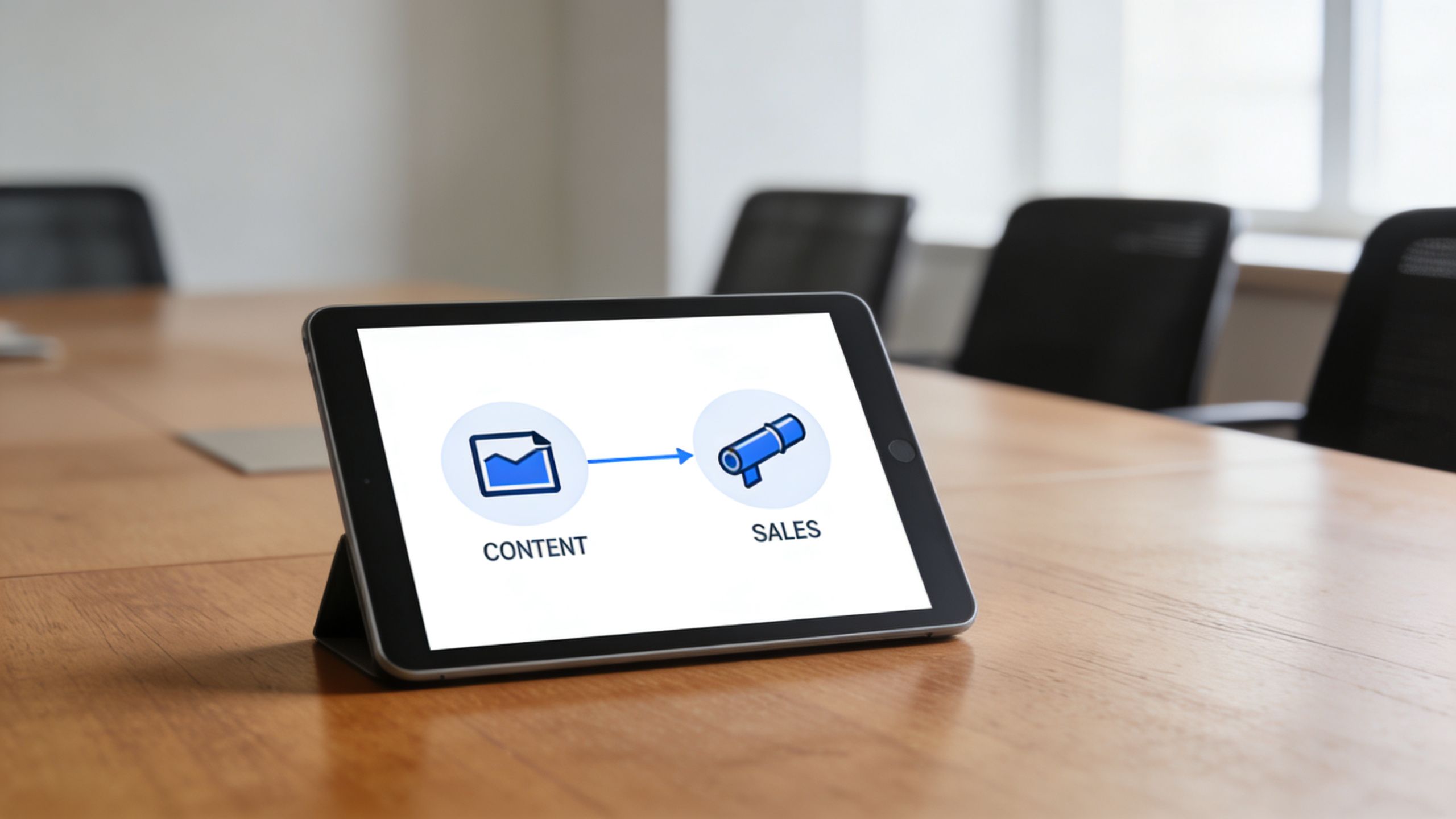 A digital tablet displaying a graphic showing a content icon connected to a sales telescope icon.