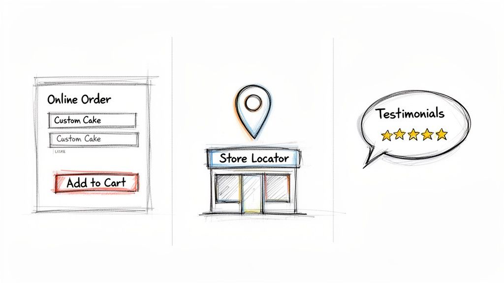 Sketched website elements displaying online custom cake ordering, store locator, and 5-star testimonials.